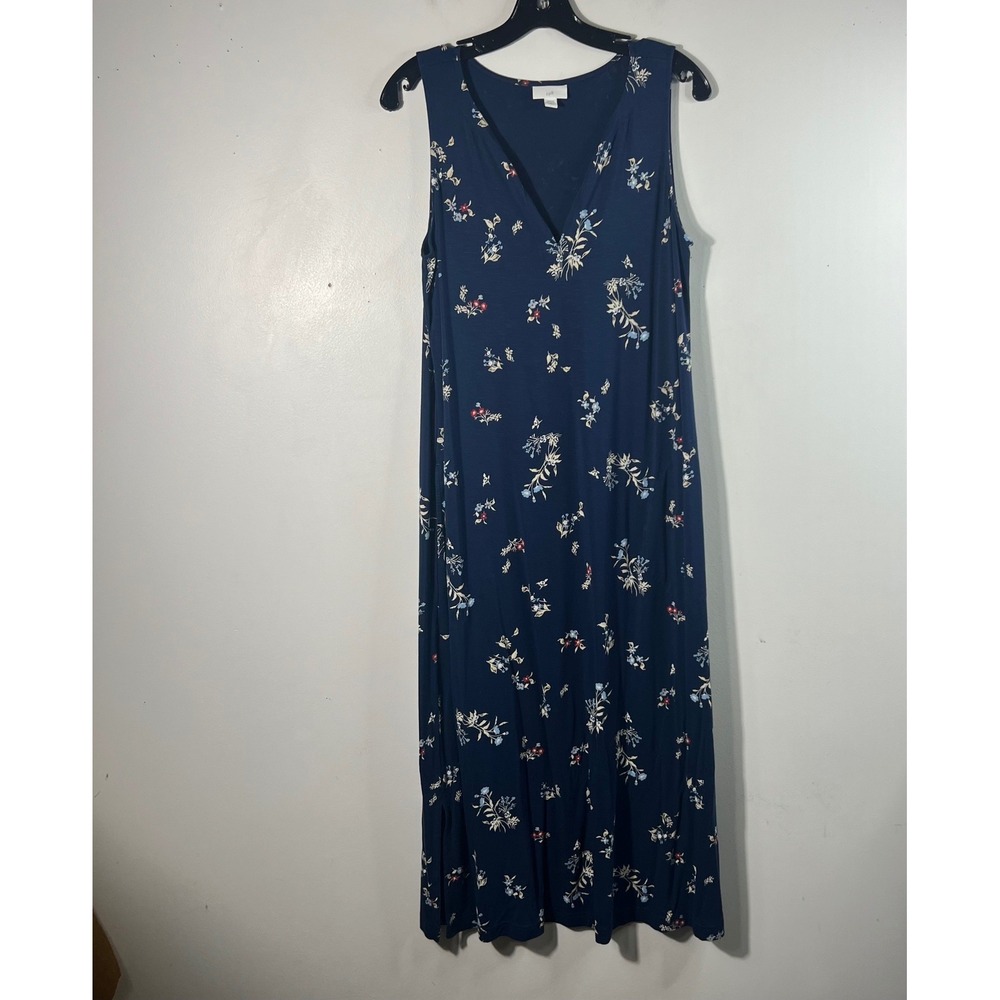 J Jill V Neck Sleeveless Knit Maxi Knit Dress MP Navy White Red Pockets
